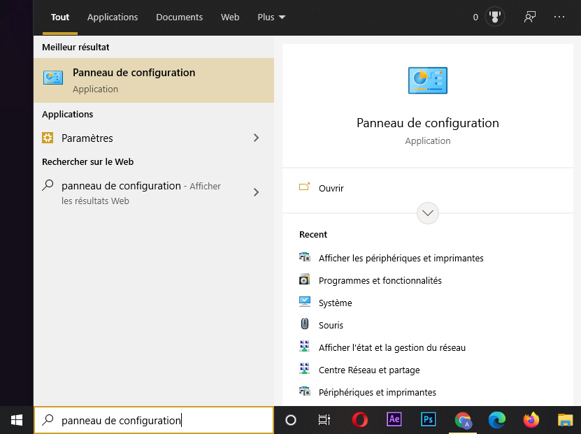 Panneau de configuration sous windows