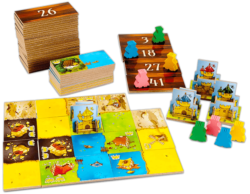 Dominos et figurines du célèbre jeu kingdomino