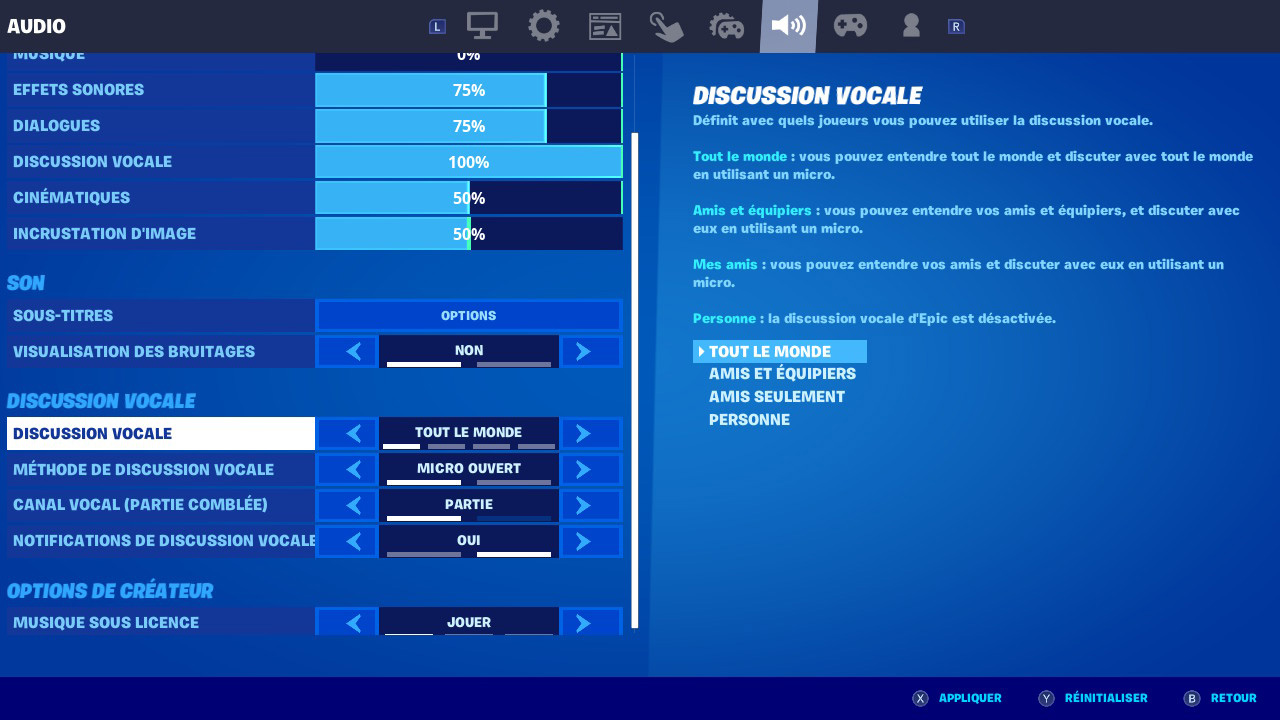 Paramètres chat vocal Fortnite Switch