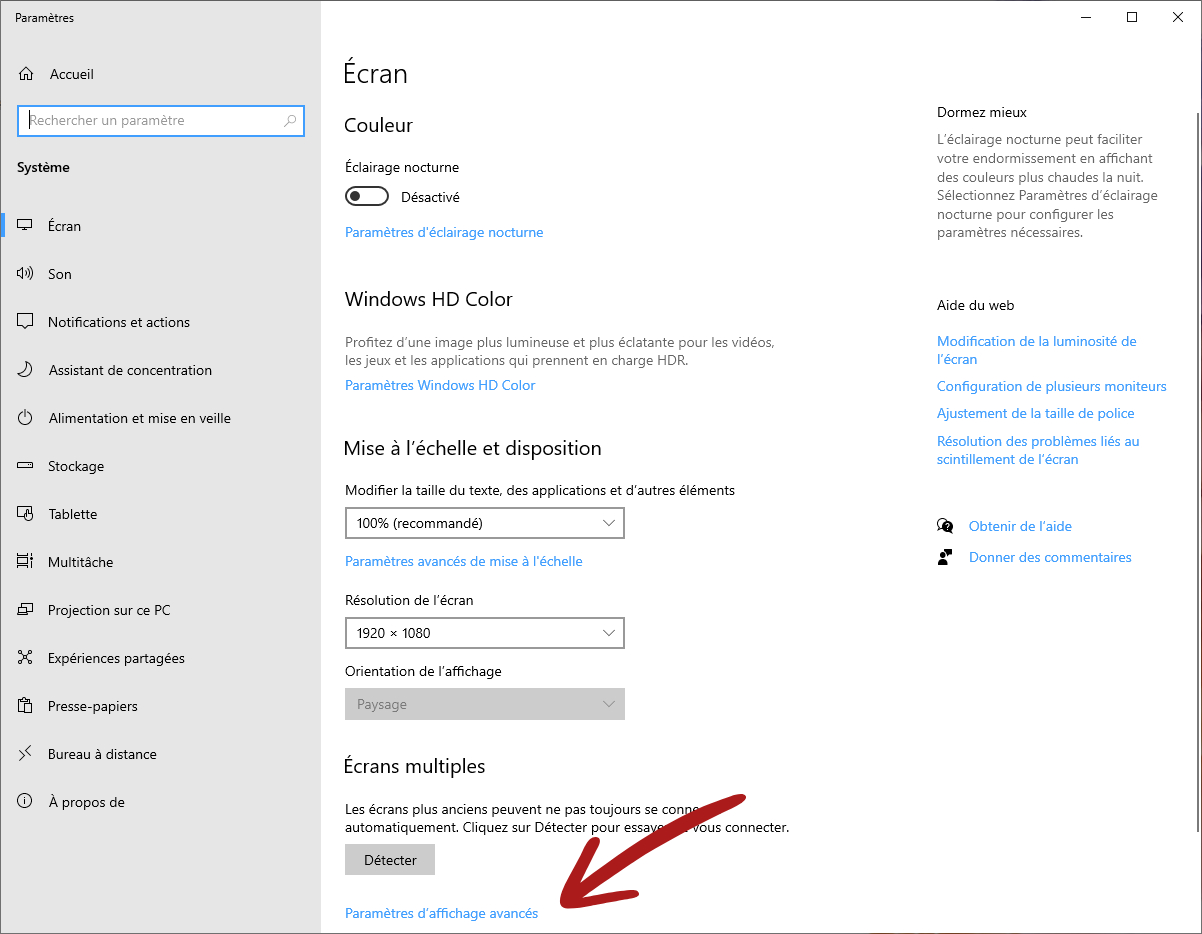 Paramètres moniteur d'ordinateur w10