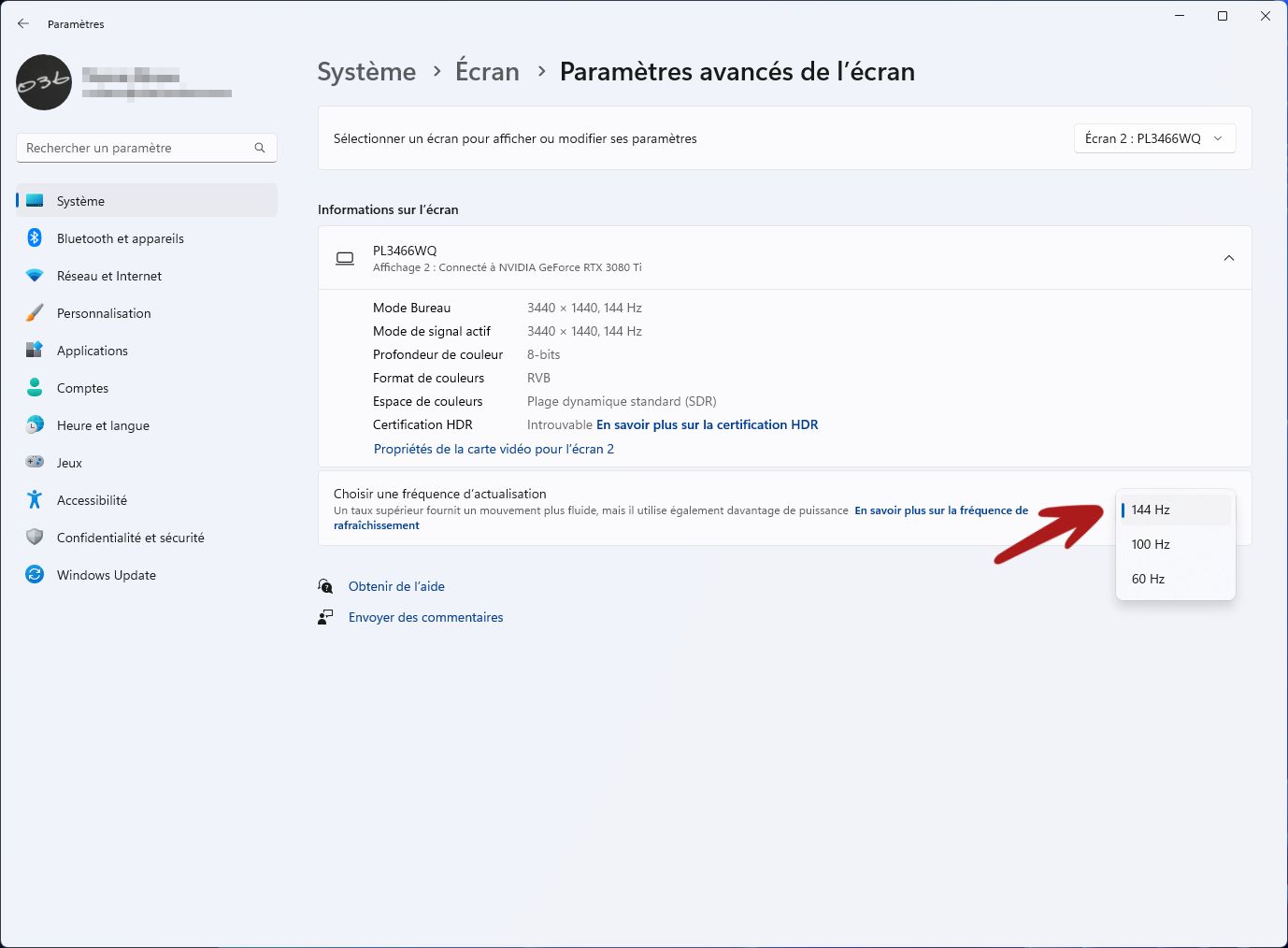 Réglage écran 144hz