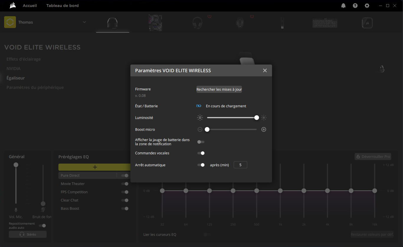 Paramètres du micro casque sans fil Corsair VOID
