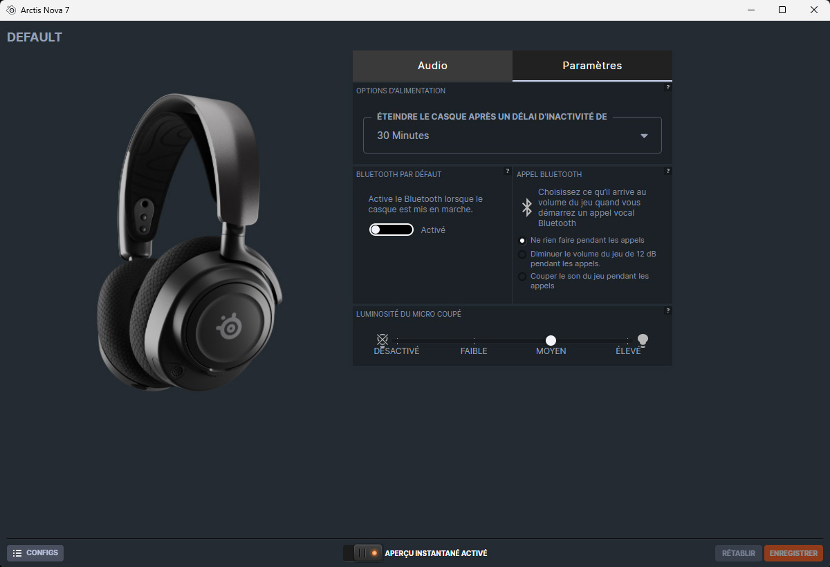 Paramètres casque Bluetooth Nova 7