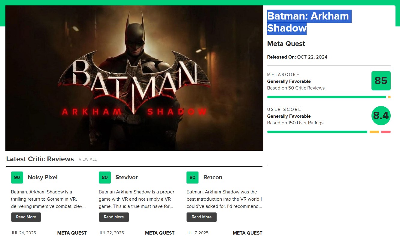 Batman Arkham Shadow metacritic